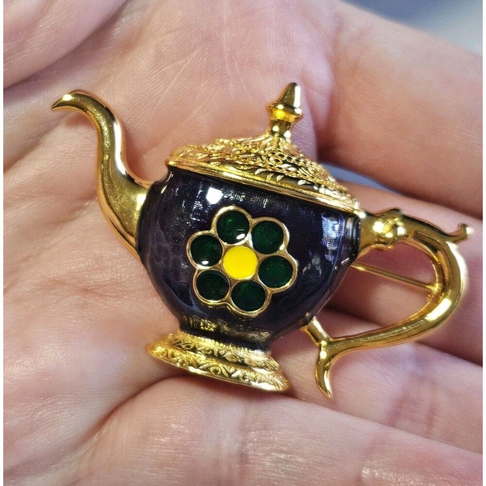 Gold Tone Blue Green And Yellow Enamel Flower Design Vintage Teapot Brooch